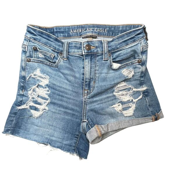 American Eagle Hi-Rise Shortie Distressed Denim Shorts Size 0 Next Level Stretch - Picture 4 of 9